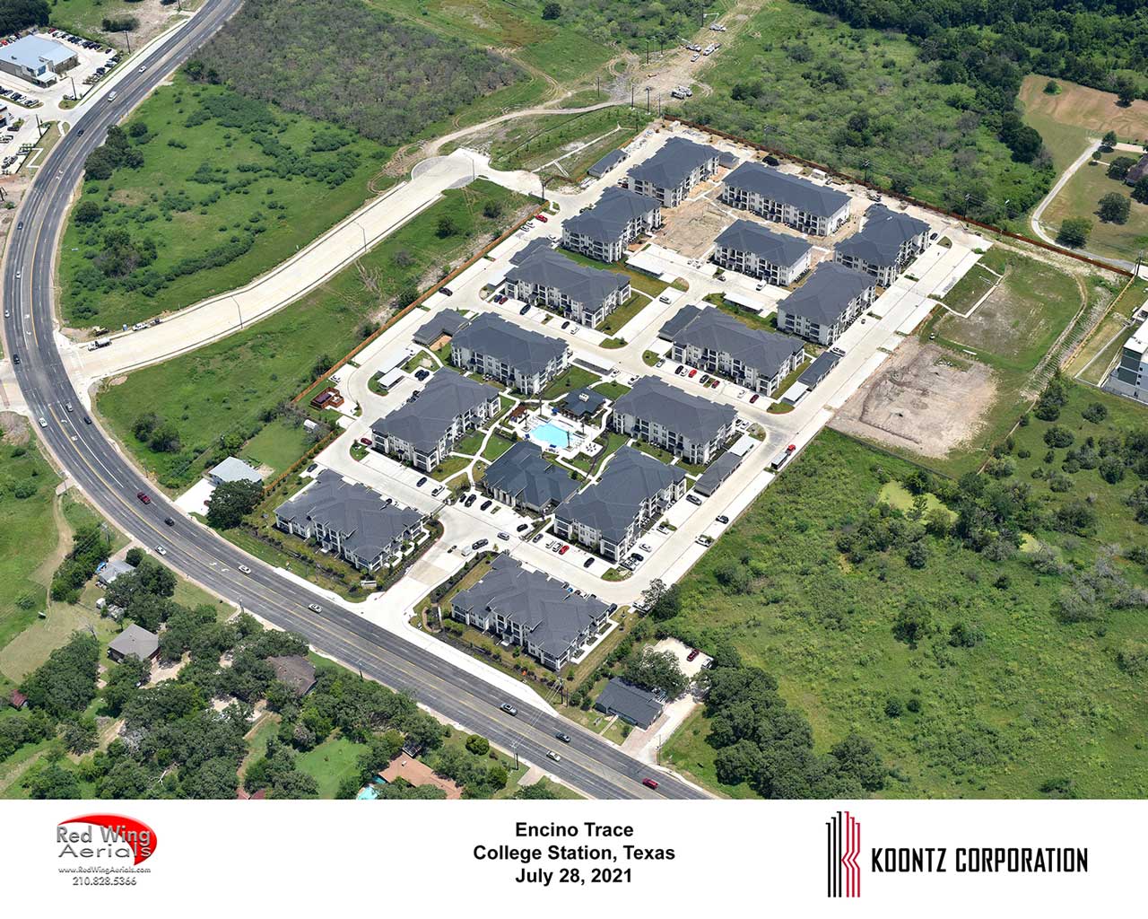 Arial photo of Encino Trace Luxury Apartments in College Station Texas